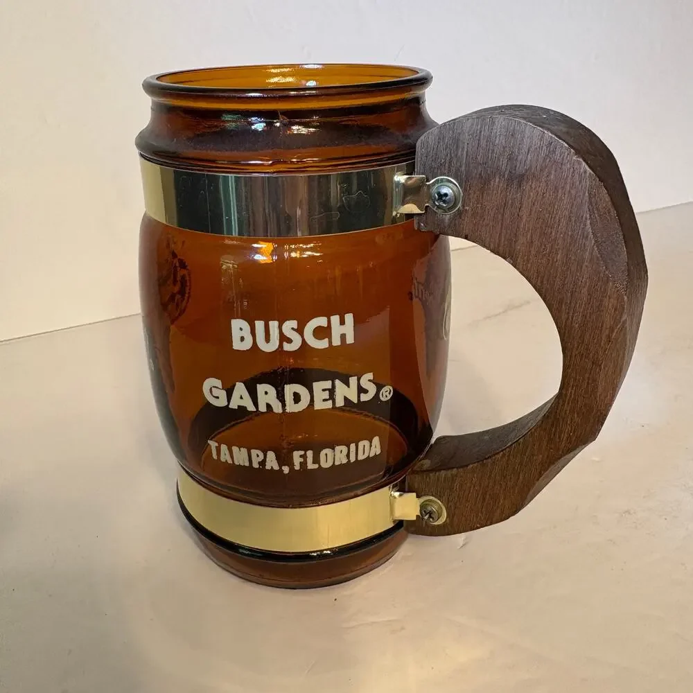 Vintage Busch Gardens Dark Continent Souvenir Brown Glass Barrel Mug Wood
